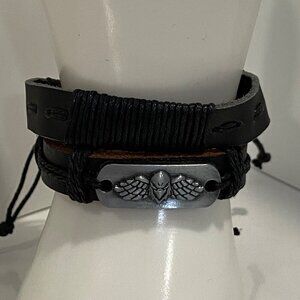 Handcrafted Leather 2 Bracelets set  With Eagle open wings Emblem & Adjustable